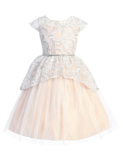 Little Girls Blush Sequin Belt Lace Peplum Crystal Tulle Flower Girl Dress 2-6 - SophiasStyle.com